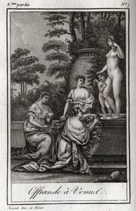 Opfergabe an Venus. Kleine Liebesgötter (Engel) versammeln sich, um der Göttin Aphrodite zu huldigen. Gravur von 1819 in „Lettres à Emilie sur la mythologie“ von Charles Albert Demoustier (1760-1801). Private Sammlung.