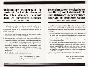 „Verordnung über den Verkauf und Kauf von Lebensmitteln und Gebrauchsgegenständen in den besetzten Gebieten“ - Französisch-Deutsches zweisprachiges Plakat von Anonymous Anonymous