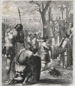 Otto I., Heiliger Römischer Kaiser empfängt die Kommunion vor der Schlacht auf dem Lechfeld (955) - Gravur von 1864 von Anonymous Anonymous