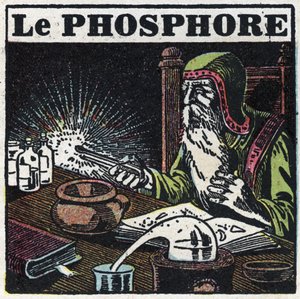 Phosphoreszenz: Phosphor. Ein Alchemist sucht in seinem Labor nach dem Stein der Weisen. Anonyme Illustration von 1925. Private Sammlung.