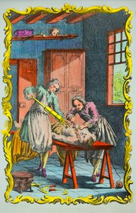 Arzt, der die Blutbewegung untersucht: Frontispiz der „Mémoire sur le mouvement du sang et sur les effets de la saignée“ von Albrecht von Haller (1708-1777) 1756. Private Sammlung