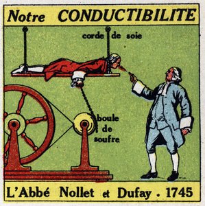 Physiologische Effekte der Elektrizität: Experimente von Abbe Jean Antoine Nollet (1700-1770) und Charles Francois Du Fay (1698-1739) im Jahr 1745 zur Leitfähigkeit des menschlichen Körpers. Anonyme Illustration von 1925. Private Sammlung. von Anonymous Anonymous