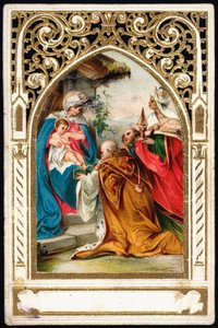 Andachtsbild: „Anbetung der Könige“. Gezackte Karte. Chromolithographie Anfang des 20. Jahrhunderts. Private Sammlung von Anonymous Anonymous
