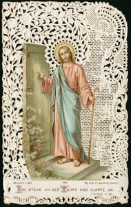 Andachtsbild: Jesus klopft an die Tür (Chromolithographie)
