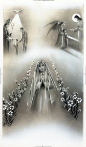 Andachtsbild: Kommunion und das Bekenntnis des Glaubens, Stufen der christlichen religiösen Erziehung. Private Sammlung Karte von Anonymous Anonymous
