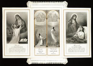 Andachtsbild: Beharrlichkeit, Liebe zu Jesus und Maria, das Heilige Verlangen nach dem Paradies, der Gute Tod. Gezackte Karte im Triptychon. 19. Jahrhundert. Private Sammlung