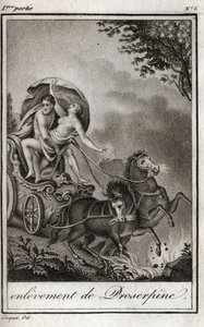 Pluto (Hades) nimmt Persephone (Proserpina) vor ihrer Mutter Ceres (Demeter) und bringt sie ins Reich der Unterwelt. Pluto entführt Persephone in sein Reich, die Unterwelt, in der griechischen Mythologie. Gravur von 1819 in „Lettres a Emilie sur la mytholo