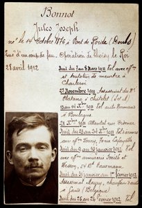 Polizeiblatt des Kriminellen Jules Bonnot (1876-1912) (Bonnot-Bande) mit Liste der Verbrechen