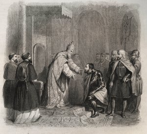 Papst St. Pius V. (1566-1572) empfängt den Sieger der Schlacht von Lepanto. Gravur von 1846 in Lives of the Saints. Private Sammlung