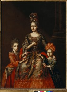 Porträt von Anastasia Naryschkina, Ehefrau des Gouverneurs von Sankt Petersburg, und ihre Töchter Alexandra und Tatjana - Anonyme Malerei, Anfang des 18. Jahrhunderts - Staatliche Tretjakow-Galerie, Moskau