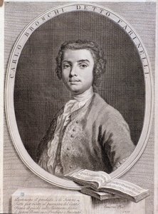 Porträt des italienischen Kastraten Carlo Broschi, genannt Farinelli. Gravur, 1735