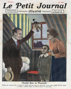 Porträt des Schauspielers Charlie Chaplin auf Reisen nach London, besucht sein ehemaliges Zimmer, er schenkt dem Kind der Familie eine kleine Charlot-Puppe. Illustration aus „Le petit journal illustré“ vom 23.09.1921. Private Sammlung von Anonymous Anonymous