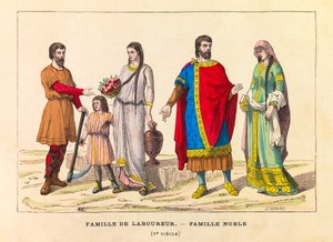 Porträts und Kostüme einer Pflügerfamilie und einer Adelsfamilie im 5. Jahrhundert, Gravur, Private Sammlung von Anonymous Anonymous