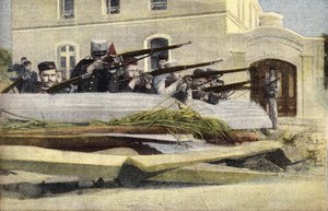 Portugiesische Revolution: Barrikade auf einer Straße in Lissabon. Gravur. Aus der Zeitung „Le petit parisien“ am 23.10.1910. Private Sammlung. von Anonymous Anonymous