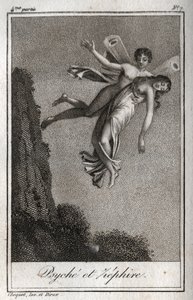 Psyche wird von Zephyr entführt. Gravur von 1819 in „Lettres à Emilie sur la mythologie“ von Charles Albert Demoustier (1760-1801). Private Sammlung von Anonymous Anonymous