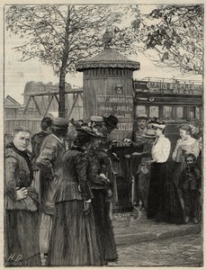 Öffentliche Hygiene: Einwohner von Paris nutzen einen der gefilterten Trinkbrunnen im 15. Arrondissement. Diese Brunnen haben einen Chamberland-Pasteur-Filter. Gravur in „Le monde illustré“ von 1892. Private Sammlung.