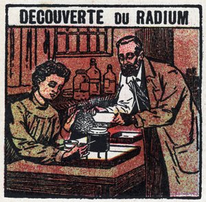 Radium: Entdeckung des Radiums durch Pierre (1859-1906) und Marie Curie (1867-1934) im Jahr 1898. Anonyme Illustration von 1925. Private Sammlung. von Anonymous Anonymous