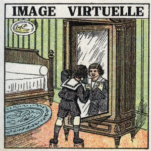Lichtreflexion: virtuelles Bild. Ein Kind betrachtet sein Spiegelbild in einem Spiegel. Anonyme Illustration von 1925. Private Sammlung. von Anonymous Anonymous