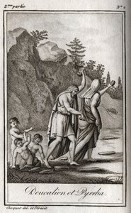 Darstellung von Deukalion und Pyrrha, die einzigen Überlebenden nach der Sintflut, die Zeus verursacht hat, um die Menschheit zu zerstören. Themis nach der Sintflut fordert sie auf, mit bedecktem Kopf hinter sich die Knochen ihrer Mutter (die Steine der Er