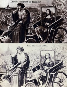 Darstellung von Leonardo da Vinci, der die Mona Lisa nach dem Diebstahl durch Vincenzo Peruggia zurückbringt. Postkarte