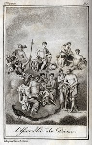 Darstellung der Versammlung der Götter auf dem Olymp oder der Zwölf Olympier. Gravur von 1819 in „Lettres à Emilie sur la mythologie“ von Charles Albert Demoustier (1760-1801). Private Sammlung.