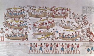 Darstellung der Schlacht im Nildelta zwischen den Armeen von Ramses III. und den Seevölkern. Von einem Relief im Totentempel von Medinet Habu, Ägypten von Anonymous Anonymous