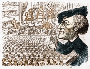 Richard Wagner beschäftigt Hunderte von Sängern, Musikern, Millionen von Menschen mieten Plätze und er ist der einzige, der applaudiert. Karikatur über den deutschen Komponisten Richard Wagner (1813 - 1883) aus Les moeurs et la caricature en allemand von J