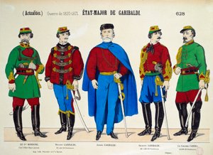 Risorgimento: Generalstab von Giuseppe Garibaldi (1807-1882). Der Held der italienischen Einheit ist umgeben von seinen beiden Söhnen Menotti und Riciotti, von General Bordone und Oberst Canzio dargestellt. Gravur um 1870 Paris, Musée Carnavalet