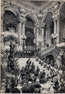 Russische Matrosen steigen während eines Galaabends im Opernhaus Garnier in Paris die große Treppe hinauf. Gravur in 