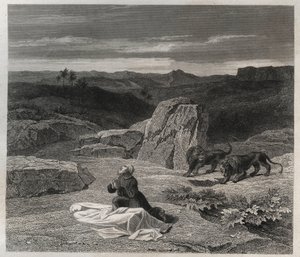 Der heilige Antonius der Große (250/251-356) (oder der heilige Antonius der Einsiedler) begräbt den heiligen Paulus von Theben in der Wüste. Gravur von 1846 in „Lives of the saints“. Private Sammlung von Anonymous Anonymous
