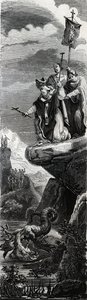 Saint Front (erster Evangelisierer des Perigord) (3. Jahrhundert) stürzt den Drachen in die Dordogne - Gravur von 1846 in „Leben der Heiligen“. Private Sammlung.