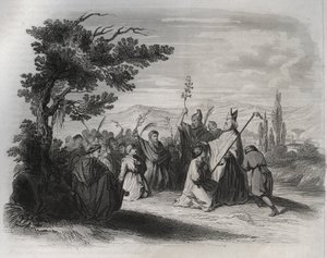 Saint Hilaire de Poitiers (310-368) kehrt aus dem Exil zurück. Gravur von 1846 in „Lives of the saints“. Private Sammlung.