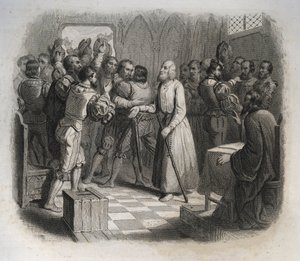 Heiliger Nikolaus von Flüe oder Bruder Klaus (1417-1487), ein Schweizer Einsiedler, der die Schweizer Eidgenossen versöhnte, die kurz davor standen, einen Bürgerkrieg zu beginnen. Gravur von 1846 in Lives of the Saints. Private Sammlung von Anonymous Anonymous