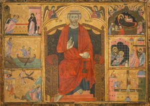 Der heilige Petrus auf einem Thron, umgeben von biblischen Szenen von Anonymous Anonymous
