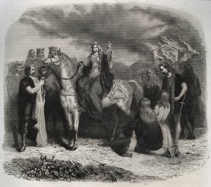 Heilige Radegunde (Radegunde von Poitiers, 519-587) verbrannte einen heidnischen Tempel und bekehrte die Gallier zum Christentum. Gravur von 1846 in Lives of the Saints. Private Sammlung von Anonymous Anonymous
