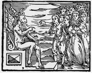 Satan fordert einen Pakt von den neuen Zauberern - „Compendium Maleficarum“, behandelt Hexen, ihre Bosheit und ihre Zauberei von Francesco Maria Guazzo oder Guaccio oder Guaccius (15?? -16??) 1608 Private Sammlung
