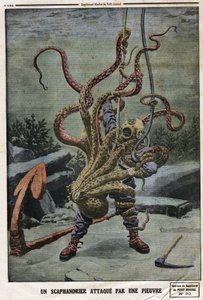 Taucher von einem Oktopus angegriffen. Gravur in „Le Petit Journal“, am 16.06.1912. Private Sammlung. von Anonymous Anonymous