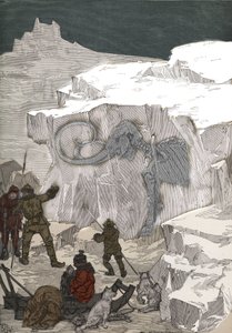 Suche nach Mammut-Fossilien-Elfenbein in Sibirien im 19. Jahrhundert. Gravur von 1885 in „Les arts et métiers illustrés“ von Adolphe Bitard. von Anonymous Anonymous