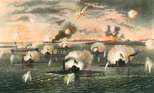 Sezessionskrieg (1861-1865): „Angriff der schwimmenden Batterien während des Sezessionskriegs“, Gravur um 1865, Privatsammlung