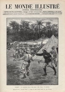 Zweiter Dahomey-Krieg (1892-1894): Tod des französischen Kommandanten Faurax während der Schlacht von Dogba am 19. September 1892 in Dahomey (heute Benin). Eine Zeitung. Gravur in „Le monde illustré“ von 1892. Private Sammlung.