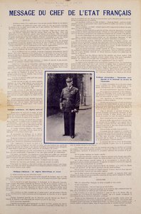 Zweiter Weltkrieg und Vichy-Regime: Botschaft des französischen Staatschefs Philippe Pétain, veröffentlicht nach dem von Frankreich im Juni 1940 unterzeichneten Waffenstillstand und Vorstellung des Programms der Nationalen Revolution, Herbst 1940