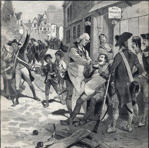Belagerung von Lille 1792: Maes verwendet eine Bombensplitter als Rasierbecken für einen Kunden. Gravur in Le Petit Parisien am 16.10.1892. Private Sammlung