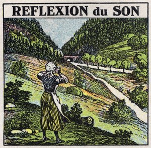 Schallenergie: Reflexion von Schall durch Echo-Phänomen. Anonyme Illustration von 1925. Private Sammlung.