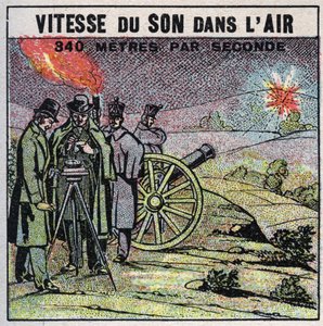 Schallenergie: Schallgeschwindigkeit in der Luft. Experiment von 1822 von Louis-Joseph Gay-Lussac (1778-1850) und François Arago (1786-1853), die eine Reihe von Kanonenschüssen zwischen Montlhéry und Villejuif abfeuerten. Anonyme Illustration von 1925. Pri