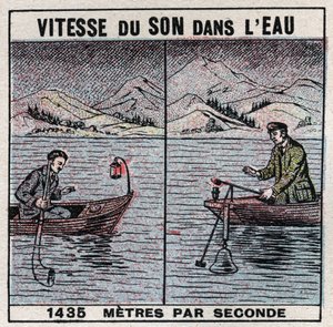 Schallenergie: Schallgeschwindigkeit im Wasser. Experiment von 1826-1827 von Jean Daniel (Jean-Daniel) Colladon (1802-1893) und Charles Francois Sturm (1803-1855) auf dem Genfersee (Lac Léman). Zwei Boote, die 14 km voneinander entfernt festgemacht sind, e