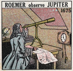 Lichtgeschwindigkeit: Der dänische Astronom Ole Christensen Romer beobachtet 1675-1676 die Finsternisse der Jupitermonde und nutzt sie zur Messung der Lichtgeschwindigkeit. Anonyme Illustration von 1925. Private Sammlung von Anonymous Anonymous
