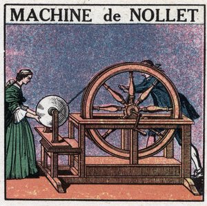 Statische Maschinen: die Maschine des Abtes Jean Antoine Nollet, erfunden 1740. Anonyme Illustration von 1925. Private Sammlung