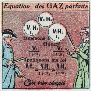 Temperatur und Ausdehnung: Perfekte Gasgleichung, erhalten durch das Gesetz von Louis-Joseph Gay-Lussac und das Gesetz von Edme Mariotte. Anonyme Illustration von 1925. Private Sammlung.