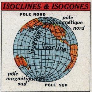 Terrestrischer Magnetismus: Magnetische Karte mit Isoklinen und Isogonen. Anonyme Illustration von 1925. Private Sammlung. von Anonymous Anonymous