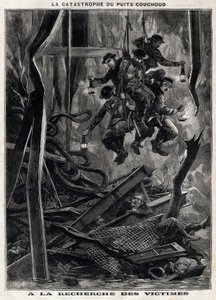 Das Unglück im Couchoud-Schacht: Retter suchen nach Opfern in einer der Minen der Peronniere bei Grand Croix in der Nähe von Saint Etienne. Gravur. In "The Little Parisien" von Anonymous Anonymous